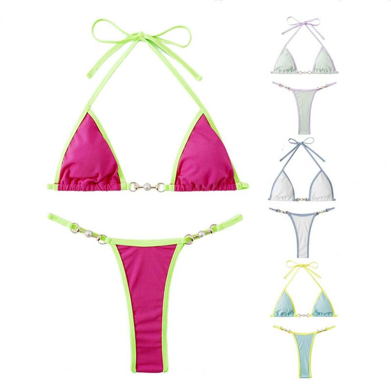 2 Pcs/Set Bathing Suit Contrast Color Women Bikini Set No Constraint Imitation Pearl Women Bikini Set Swimming Suit