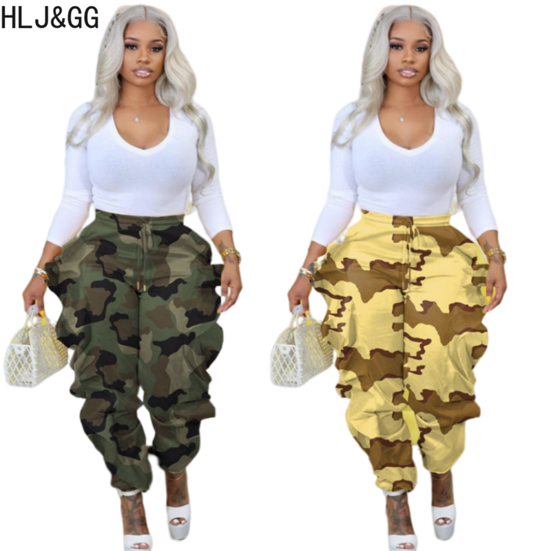 HLJ&GG Fashion Camouflage Printing Ruffle Design Sporty Pants Women High Waisted High Waisted Jogger Trousers Spring New Bottoms