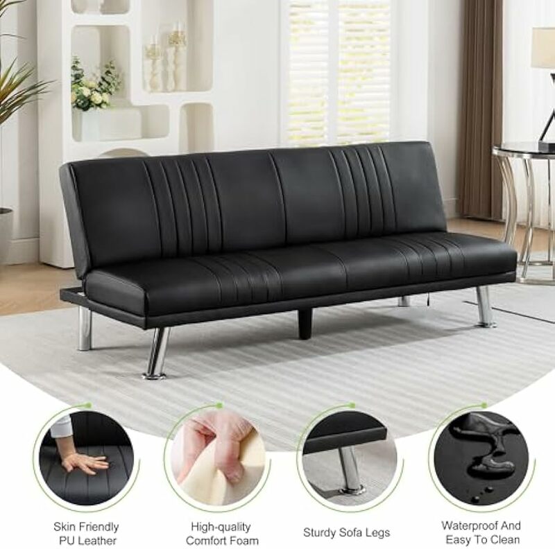 Convertible Folding Sleeper Couches Faux Leather Living Room Futon Sofa Bed, Dark Black Outdoor Furniture Set  Patio Furniture