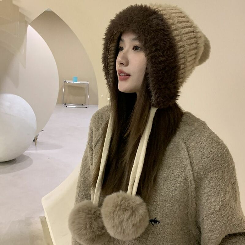 Winter Hairball Woolen Hat Wool Soft Warm Knitted Ear Protection Hat Fluffy Windproof Plush Bucket Hat Women
