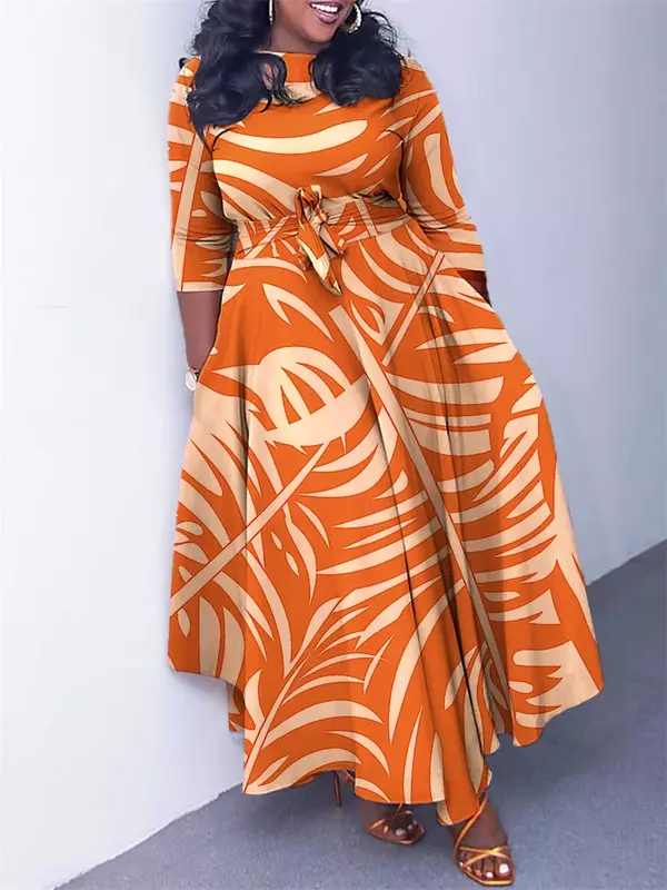 Wmstar-Robe longue grande taille pour femme, manches longues, grand ourlet, vêtements d'automne, mode imprimée, livraison directe avec bandage, vente en gros