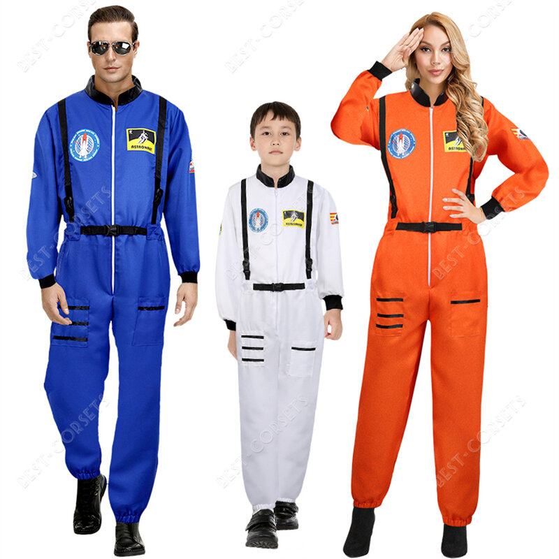 Kostum Cosplay astronot dewasa kostum astronot luar angkasa Pria Wanita untuk anak-anak Jumpsuit ritsleting kostum Spacesuit keluarga karnaval