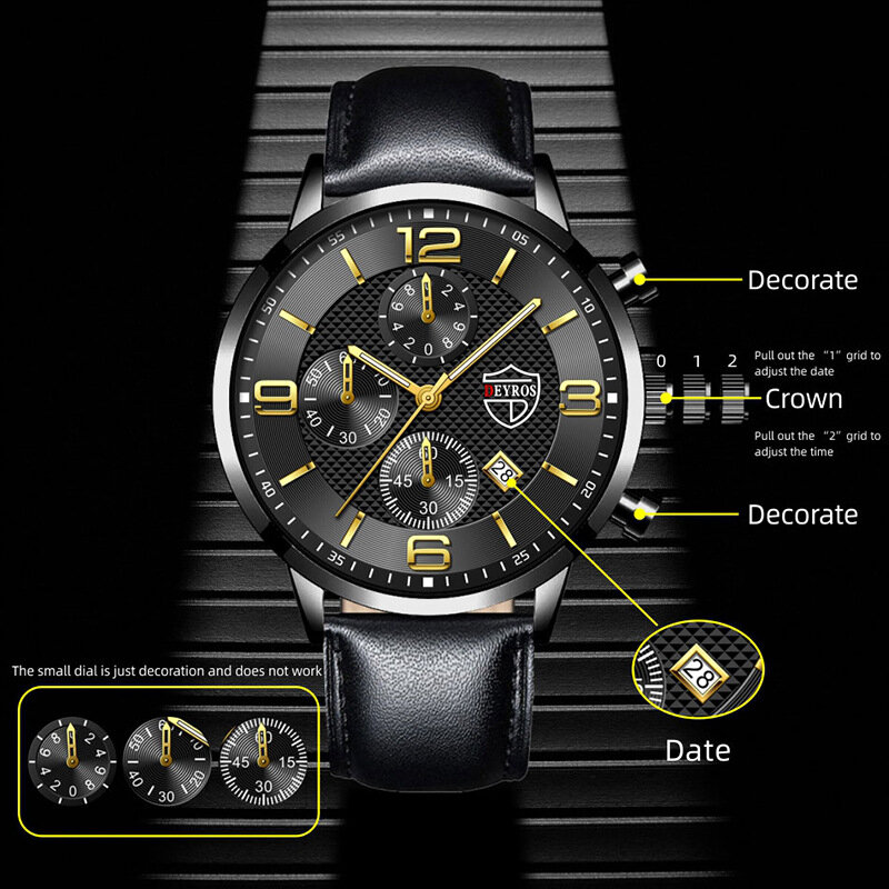 Moda masculina relógios de luxo couro quartzo relógio de pulso preto pulseira de couro conjunto relógio masculino esportes relógio luminoso reloj hombre