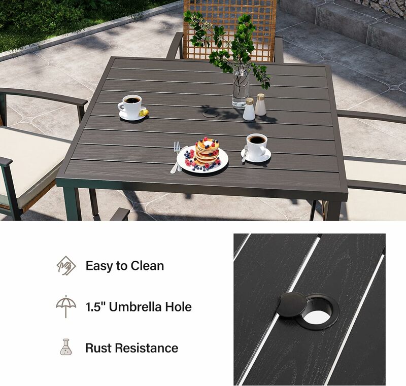 5 Stück Außen terrasse Ess-Set, Korb Terrassen möbel Set mit 4 Stühlen mit weichem Kissen und quadratischem Tisch mit Schirm loch