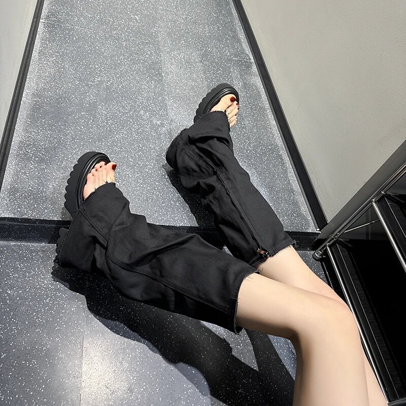 Sepatu sandal wanita, 6cm Platform sintetis Denim, klip Wedge, jari terbuka, ritsleting, musim panas seksi, sandal selutut setinggi lutut, sepatu santai modis