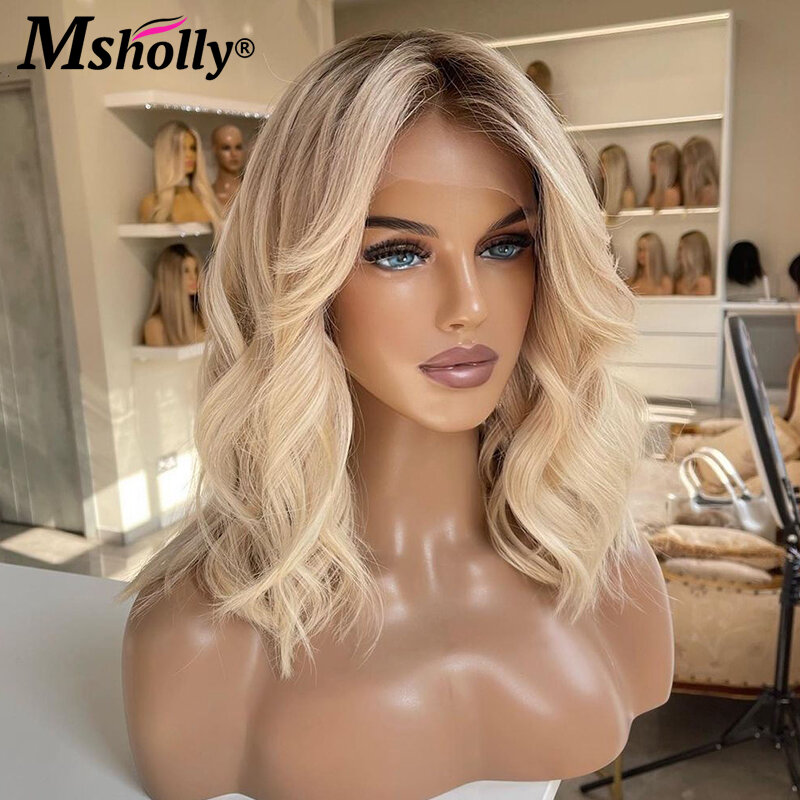 Ash Blonde 13x4 Lace Front Wig Human Hair Dark Roots Water Wave Wig HD Lace Wig Brown Colored Transparent Lace Human Hair Wigs