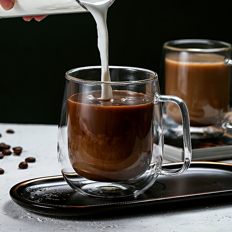 Tasse à café en verre borosilicaté à double paroi, poignée de degré de chaleur, lait, jus, eau, verres de bar, cadeau d'amoureux de la vaisselle