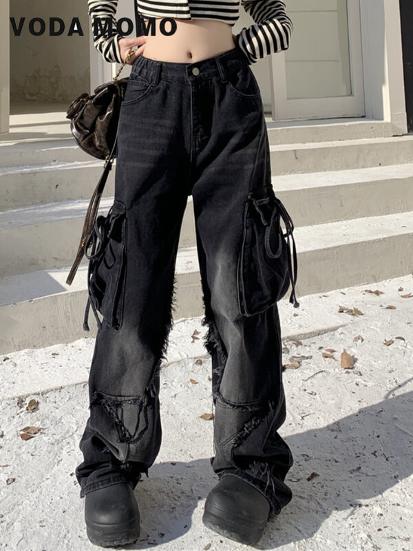 กางเกงยีนส์ขาบานขายาวแบบขาดๆสำหรับผู้หญิงกางเกงปักลายแนวสตรีท Y2K ใหม่ดีไซน์แบบยั่วเสื้อผ้าผู้หญิง