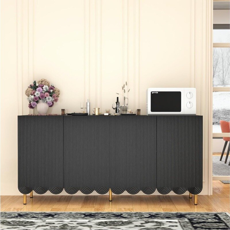 63'' Sideboard Buffet Cabinet, Black Fluted Accent Cabinet with 4 Doors, Cream Style Coffee Bar Cabinet with Storage