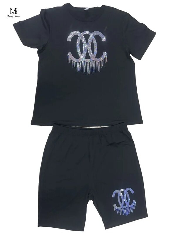 Женский комплект из 2 предметов, футболка с блестками и шорты, эластичный свободный весенне-летний модный костюм большого размера из двух предметов, 2024