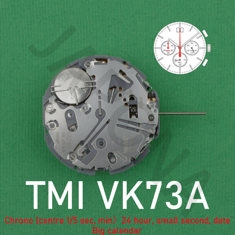 TMI-VK73 Relógio Movimento Japonês, VK73A, Cronógrafo, Big Calendar, Premium
