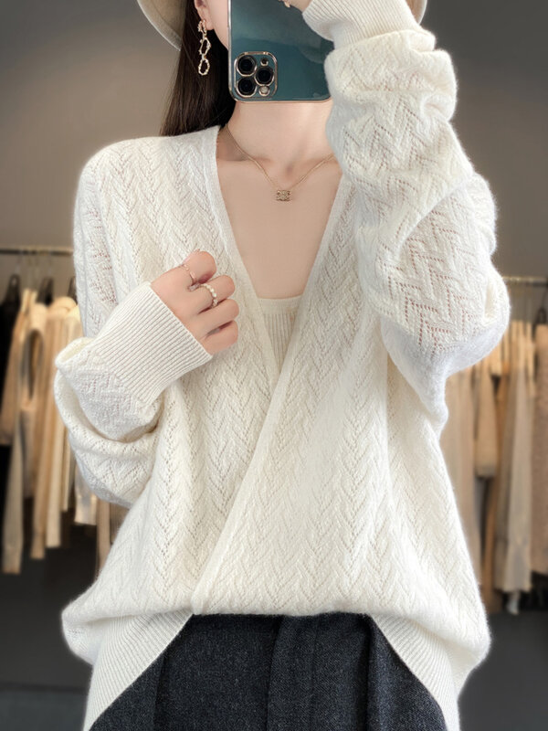 2024 Fashion Sweater wanita 100% Merino wol lengan panjang leher V, Pullover musim semi musim gugur lembut longgar pakaian rajut kasual