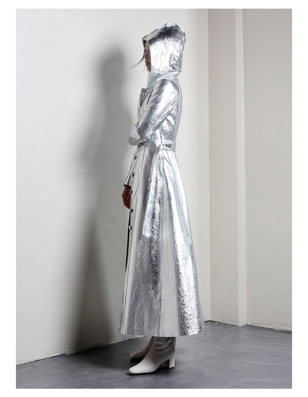 Trench coat reflexivo de couro PU com capuz para mulheres, extra longo, brilhante prateado, legal, moda de passarela de luxo, primavera, outono, 2024