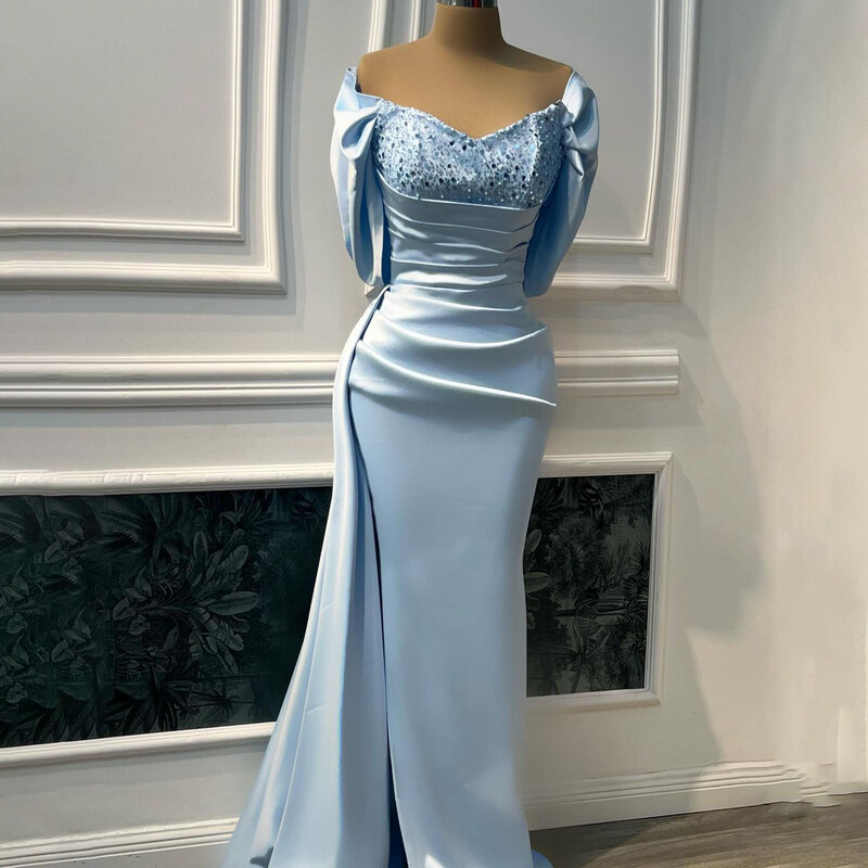Elegante glitter sereia vestidos de noite para casamento céu azul plissado fora do ombro vestido baile de formatura fenda lateral vestidos de festa celebridade