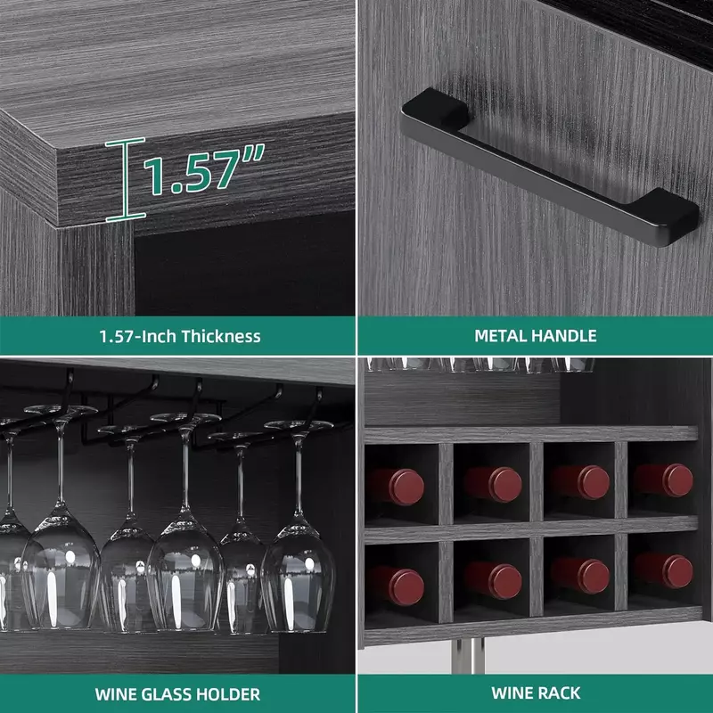 Moderno Aparador Buffet Cabinet com Armazenamento, Wine Bar Cabinet com Wine Glass Rack, Grey Console Table, 47"