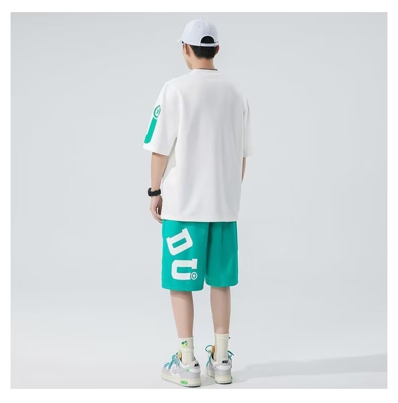 HOUZHOU-chándal de dos piezas para hombre, conjuntos de pantalones cortos de gran tamaño con estampado de verano, Tops de manga corta de moda coreana, trajes deportivos informales