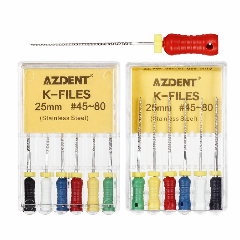AZDENT 6 шт./коробка, стоматологические ручные K-файлы 21 мм/25 мм, нержавеющая сталь, эндодонтические корневые каналы, стоматологические инструменты, стоматологические инструменты