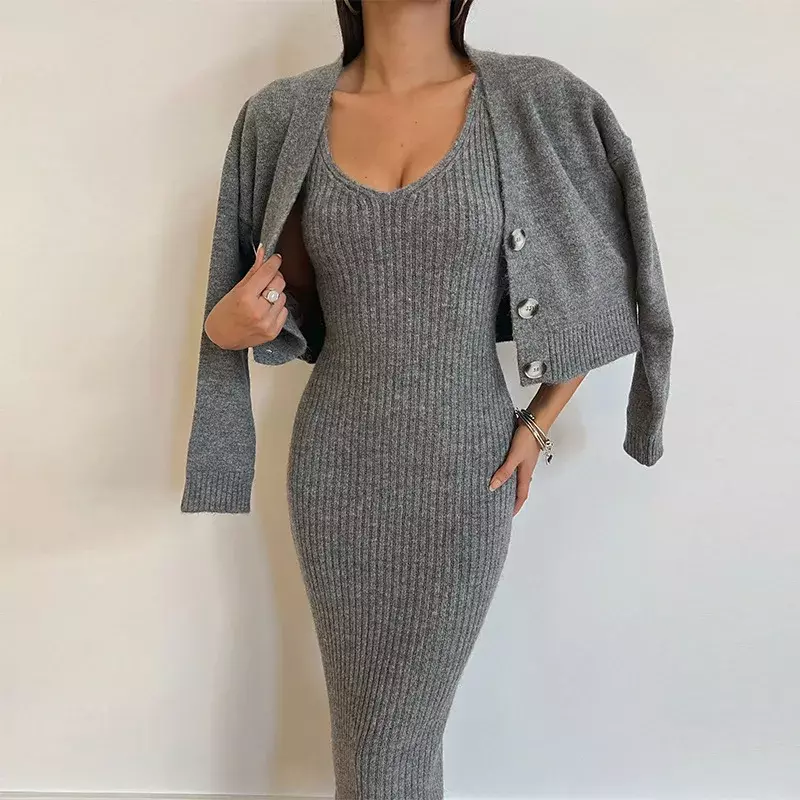 Women's Sets Fashion 2024 Sexy Sling Dress Two Piece Set with Temperament Wrap Hip Long Dress Long Sleeved Coat Set for Women