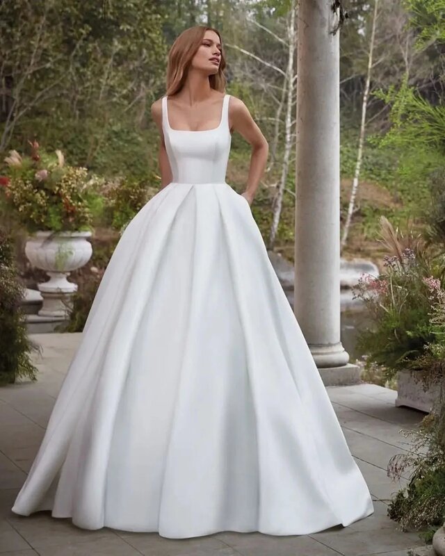 Простые свадебные платья, элегантное атласное ТРАПЕЦИЕВИДНОЕ платье для невесты с карманами, на бретельках, с открытой спиной, потрясающие свадебные платья по индивидуальному заказу