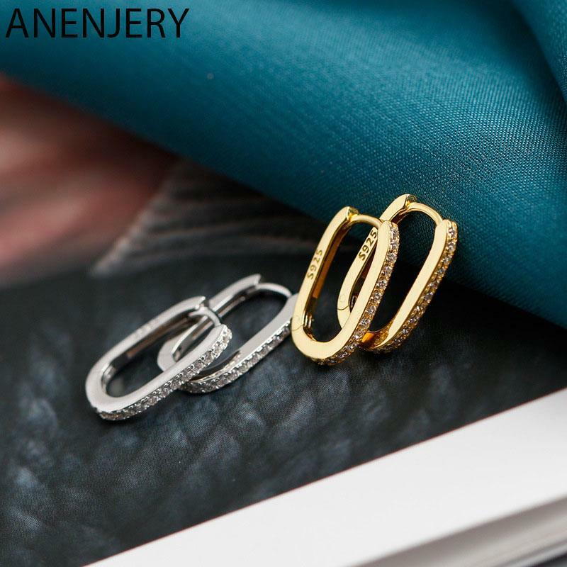 Anenjery-女性と男性のための幾何学的な形のイヤリング,シルバーカラー,マイクロジルコン,シンプル,フレンチスタイル