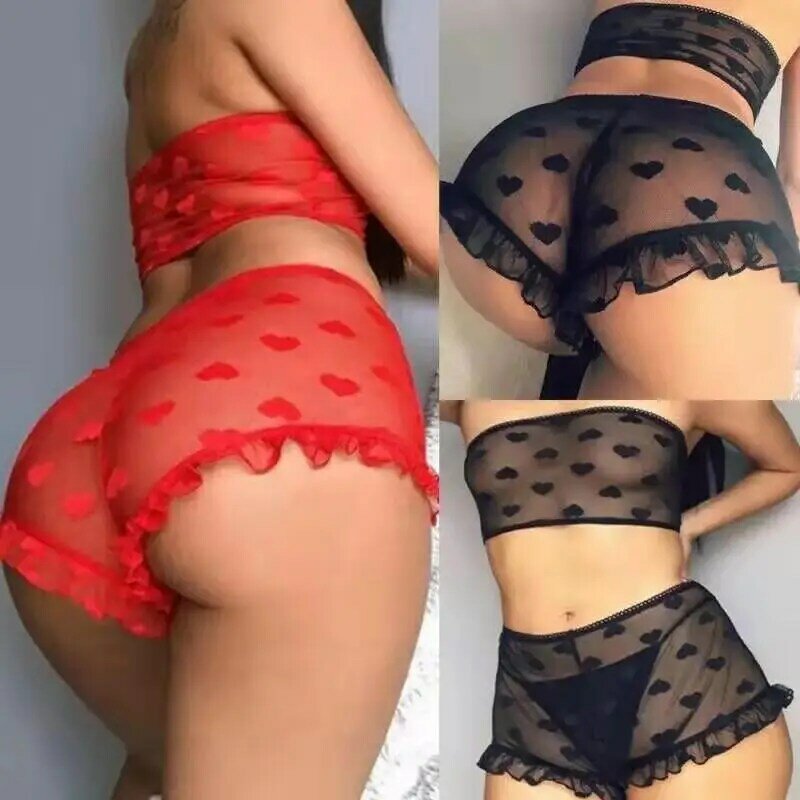 Sexy coração impressão lingerie conjuntos de malha transparente underwear porno colheita topo shorts terno erótico vestuário traje do sexo roupas