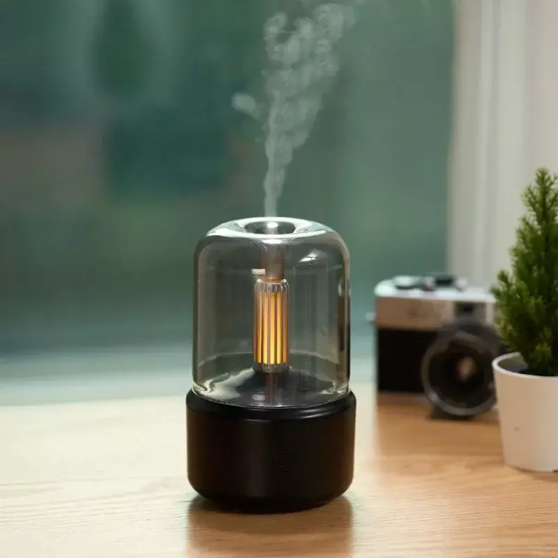 Humidificador de aire aromático con difusor, lámpara portátil con USB, luz de vela de imitación Retro, luz nocturna, difusor de aceites esenciales