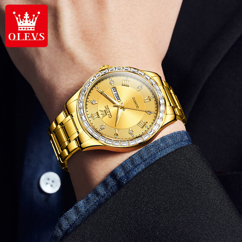 OLEVS High Quality Men's Watches Original Diamond Gold Stainless Steel Strip Quartz Watch Luxury Calendar Week Male Watchwatch