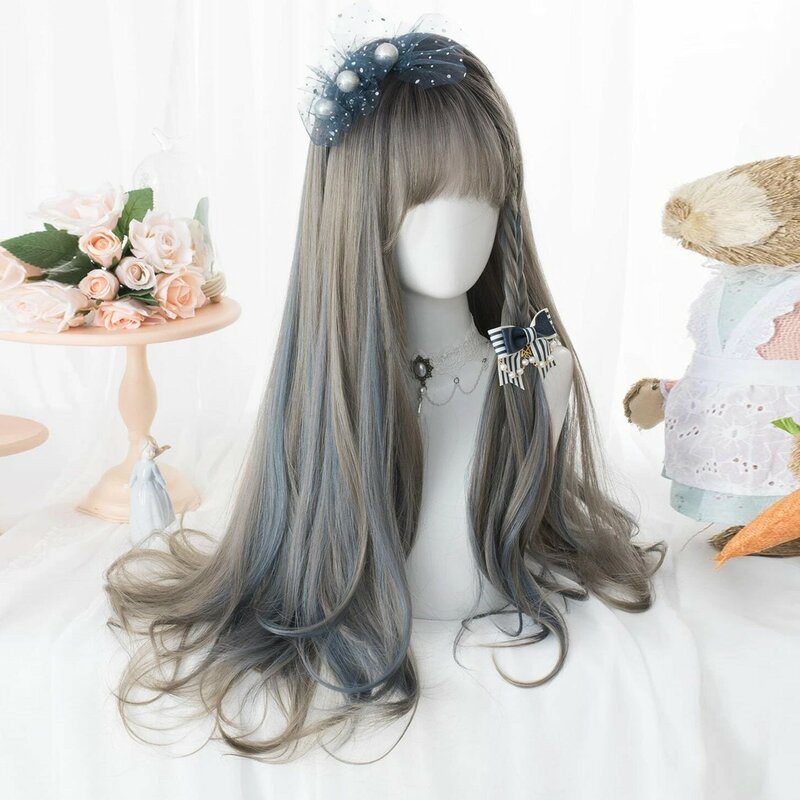 Женский синтетический парик Лолита, длинный кудрявый двухцветный парик с эффектом омбре, серебристые, серые, синие волосы для косплея с челкой, Женский термостойкий парик