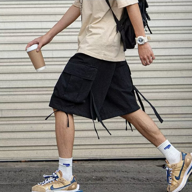 Szorty Cargo męskie główna ulica styl japoński kieszenie w stylu Harajuku pełne długie luźne w stylu Casual, letnia przystojny College prosty