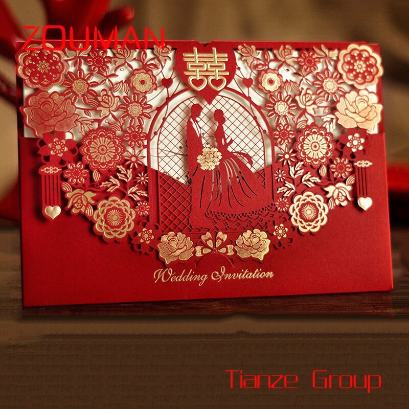 Custom , Hollow-out Handmade Laser Cut Wedding Invitations Fancy Invitation Greeting Cards Red Pocket Custom Bonus