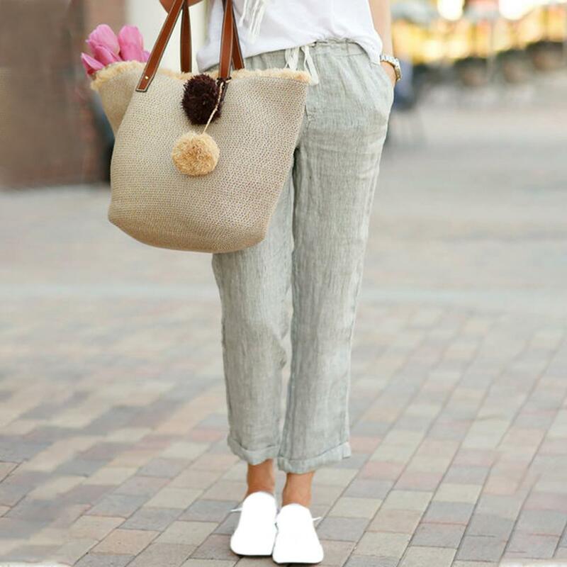 Women Casual Pants Al Loose Fit Elastic Waist Drawstring Long Trousers With Pockets Solid Color Office Lady Trousers Streetwear