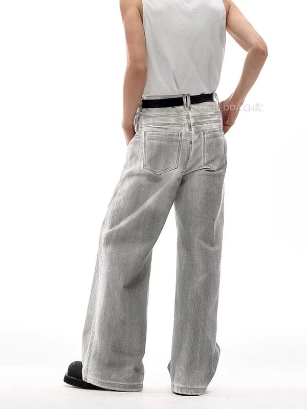 REDDACHIC-pantalones vaqueros holgados de pierna ancha para hombre, pantalones drapeados de cintura alta, ropa de calle Vintage Y2k, color gris
