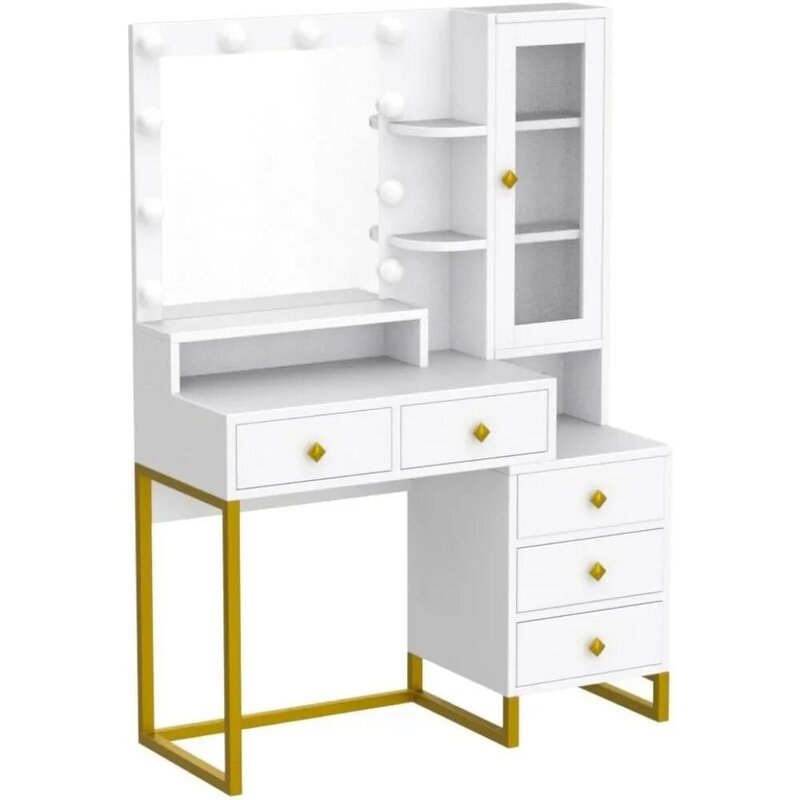 Makeup Table With 5 Drawers & Shelves Vanity Table Set Large Vanity Desk With Mirror and Lights White and Gold Bedroom Furniture