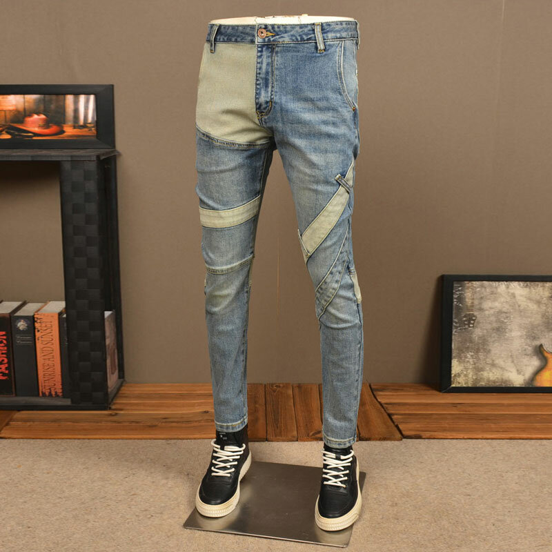 High Street Jeans pria Fashion celana Denim Hip Hop pria Jeans robek biru ketat perca pas badan Retro celana Jeans pria