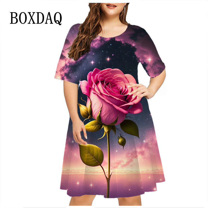 Mini vestido com estampa floral rosa, manga curta, solto, tamanho grande, céu estrelado, feminino, casual, festa, 6XL
