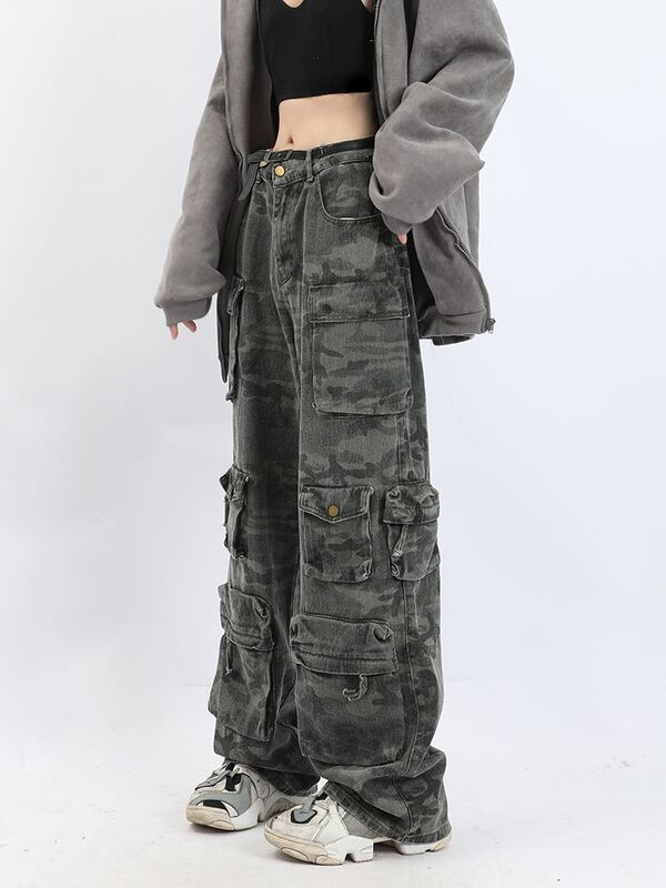 Calça cargueira com camuflagem retrô para mulheres, lavagem de bolso múltiplo, calça jeans de cintura alta casual Harajuku para casal, moda Y2K, hip hop