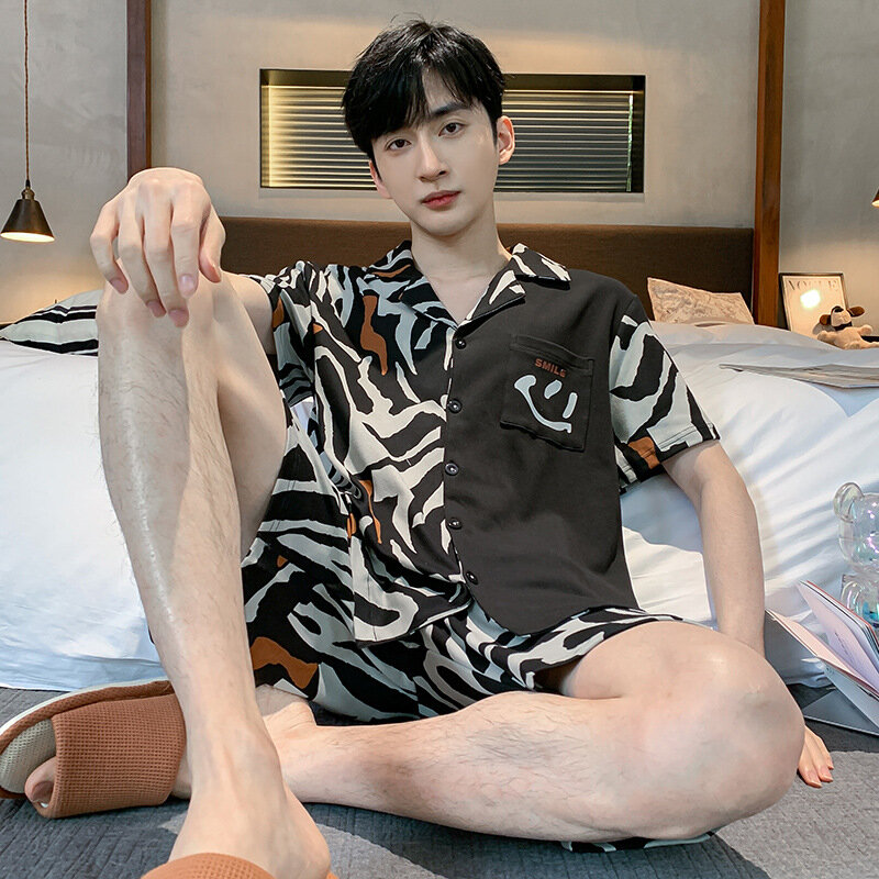 2023 New Men's Pajama Set Summer Comfortable Men Sleepwear Short Sleeve Cotton Pajamas Men Elastic Waist Pant Leisure Outwear