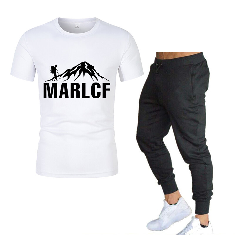 Camiseta de manga curta masculina e agasalho com cordão, estampa de montanhismo, 2 esportes casuais, calça normal, primavera, verão