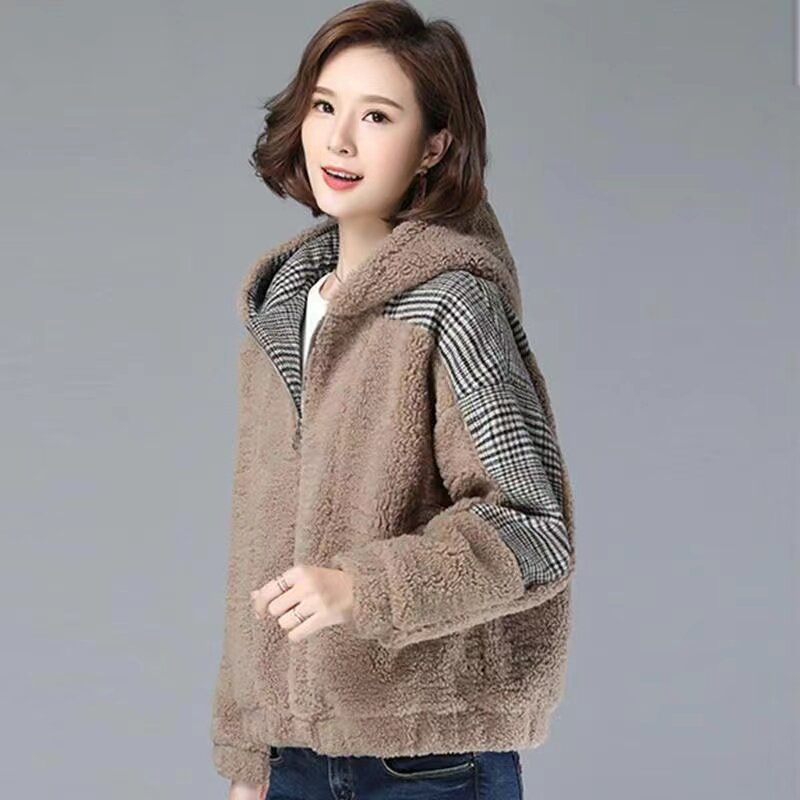 Manteau en cachemire d'agneau pour femme, veste courte à capuche, pardessus tendance, sourire, épais, automne, hiver, nouveau, 2024