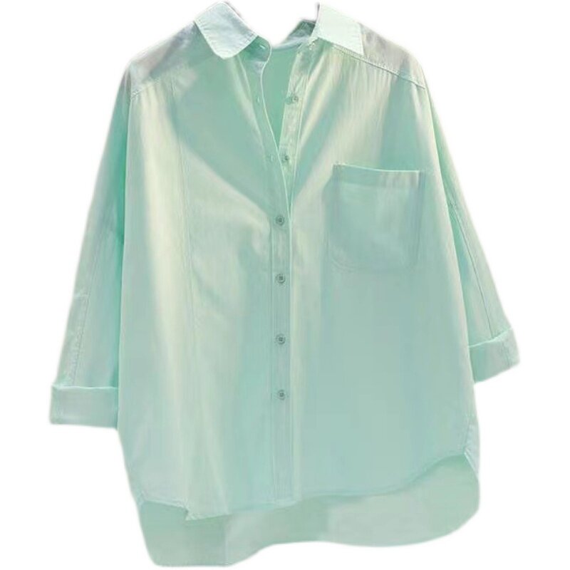 قميص نسائي جديد أخضر نقي من القطن الخالص ، طية صدر ، صدر واحد ، معطف بأكمام طويلة ، ملابس غير رسمية للحماية من الشمس ، جديد ، صيف ،