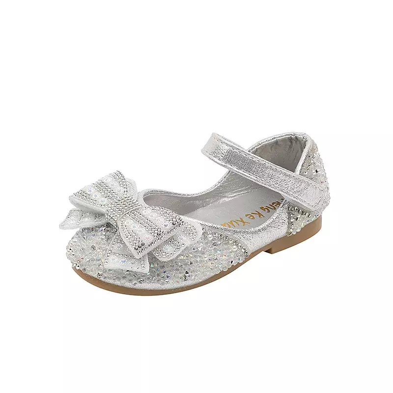 Sepatu kulit berlian imitasi anak perempuan musim gugur 2024 sepatu dansa tunggal bayi balita putri pita Glitter J182