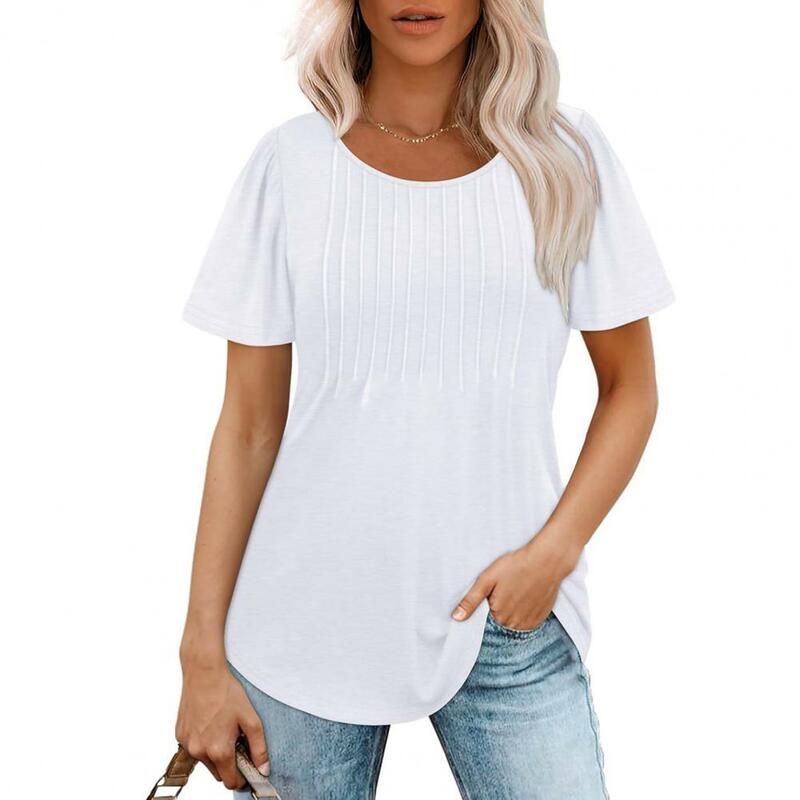 Women Top Loose Fit Pullover Tops Stylish Women's Summer T-shirt Collection Casual O-neck Pleated Tee Solid Color Loose