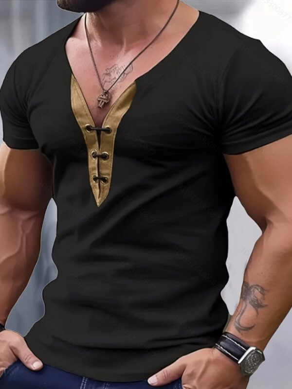 Рубашка мужская базовая с V-образным вырезом, Повседневная модная дизайнерская с короткими рукавами для отпуска, одежда Генри, лето 2024