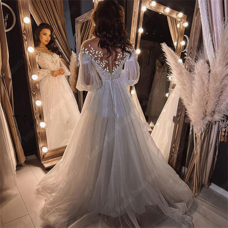 Popular Off Shoulder Wedding Dresses Strapless Backless A-Line Prom Gowns Shiny Tulle Mopping Length Princess Vestidos De Novia