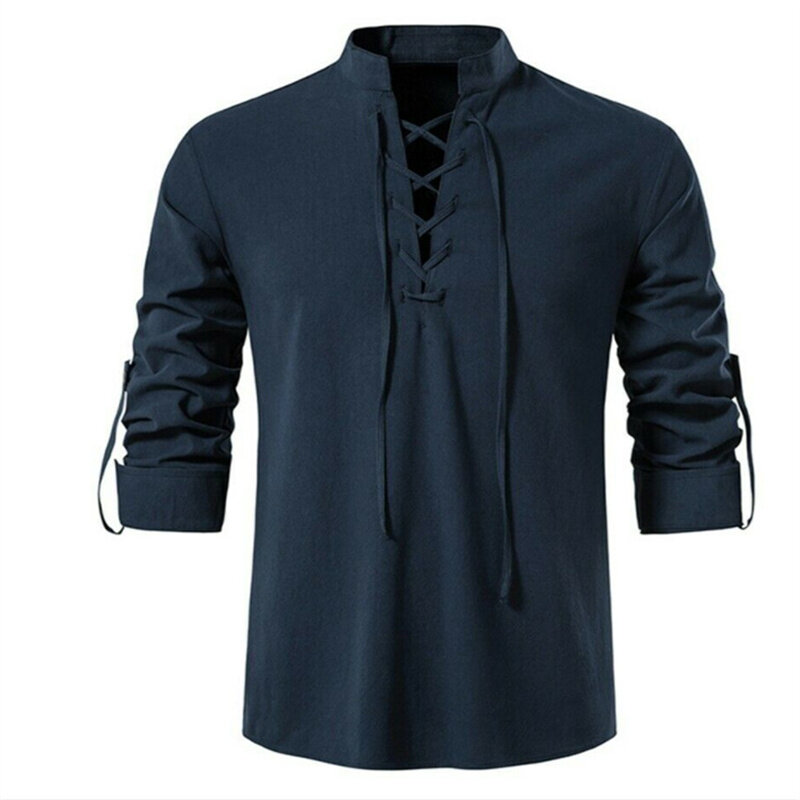 2022 nowa męska koszulka z dekoltem v koszulka modna w stylu Vintage z cienka, długa rękawem męska codzienna oddychająca z przodu sznurowana koszulki męskie
