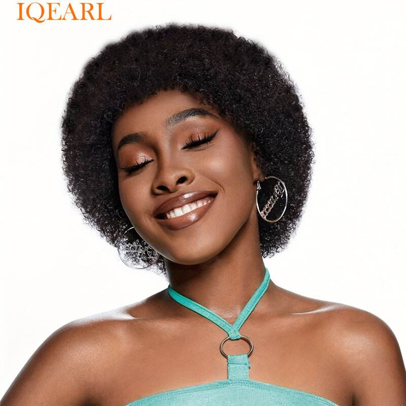 Peluca de cabello humano Afro rizado sin pegamento para mujeres negras, pelo corto y esponjoso, suave, Remy, 180% de densidad, encaje Frontal