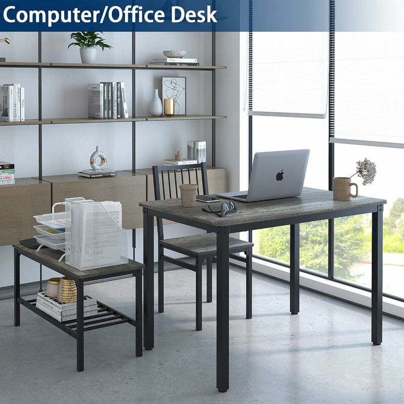 Table à manger/bureau d'ordinateur pour quatre, table de cuisine, 2 chaises et un banc, table à manger et chaises (chêne noir + cadre noir,)