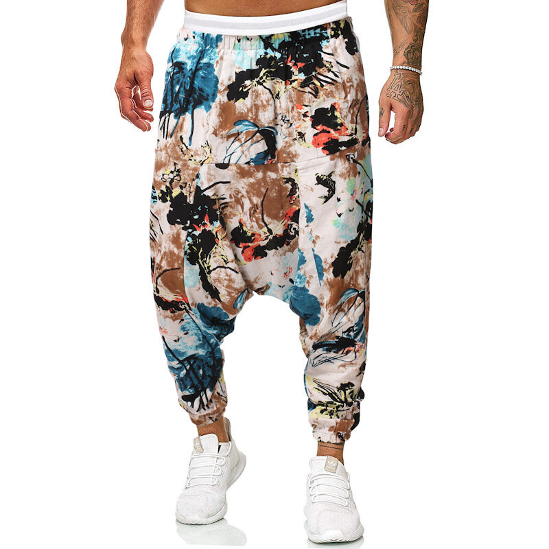 Pantaloni Harem in lino di cotone stampato da uomo pantaloni Vintage Hip Hop larghi a gamba larga Streetwear pantaloni Boho