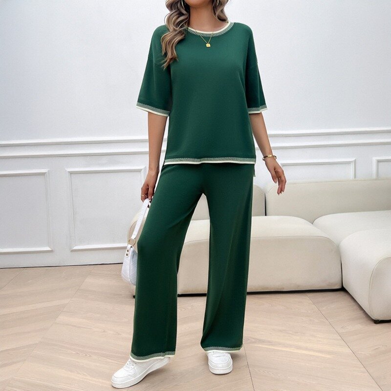 Casual Loose Knitted Split T-shirt+Elastic Waist 2-piece Set Pant Sets for Spring/Summer Women's Set 2024 New Woman Sweater Suit