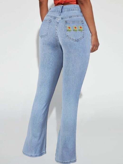 Calça Flare Micro de cintura alta feminina, bolso bordado flor, jeans apertado, moda de rua casual, 2023